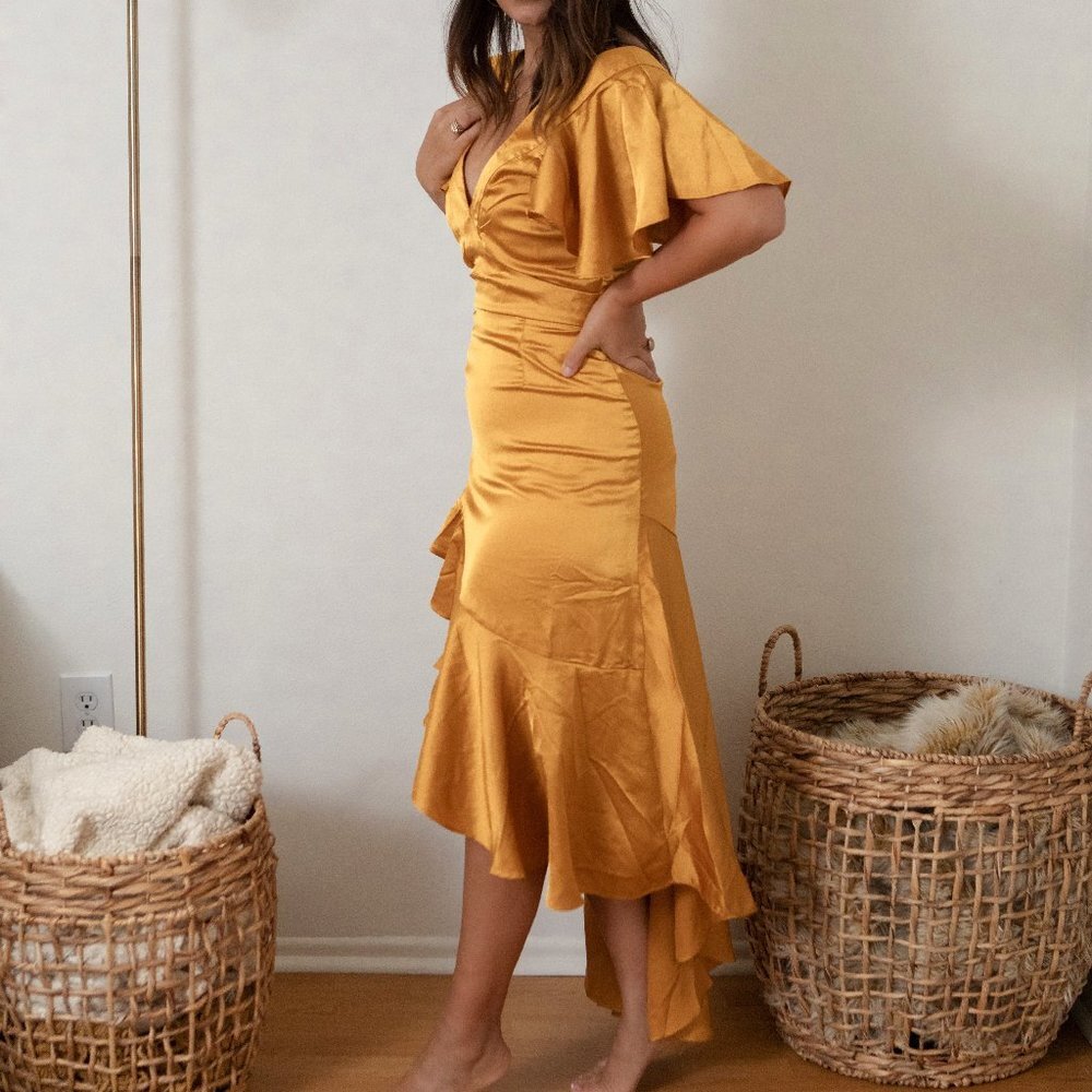 Nasty Gal Satin gold ruffle tiered dress NWT